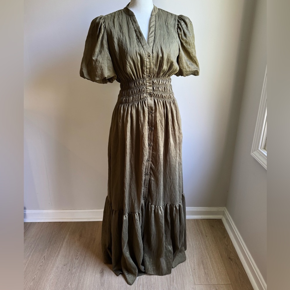 Zarr Collection Olive Green Maxi Women’s Dress Button Front Puff Sleeves Size 6 - Picture 3 of 7